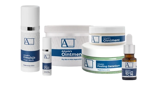 Aarkada skincare products including emulsion, ointment, peeling, and Serum TC16